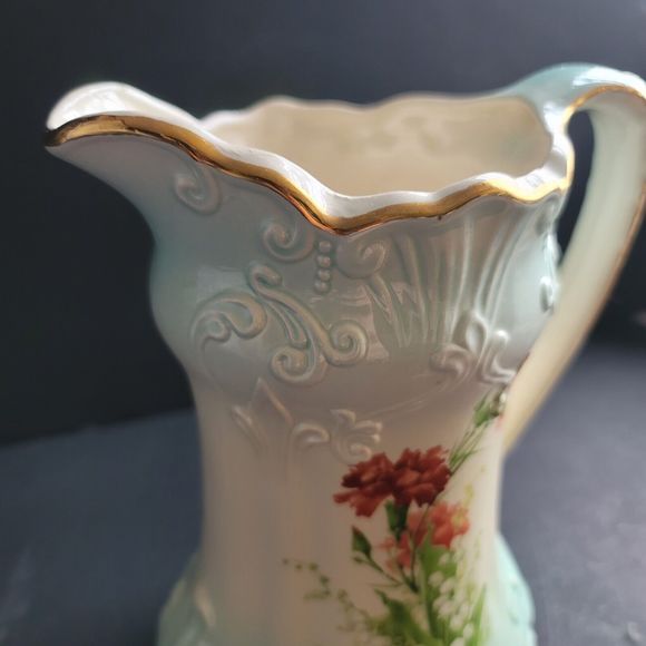 Vtg Pitcher Grandma Core Pitcher Vase Signed RS Prussia Gold Blue 9" Red Floral - Picture 2 of 14